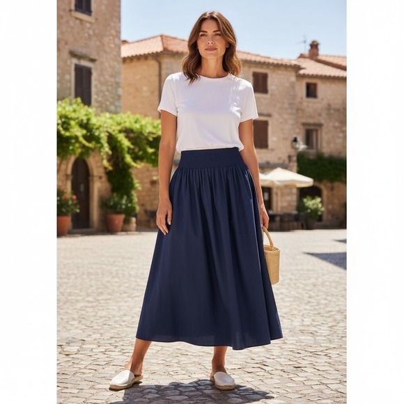 Hill House Home Dresses & Skirts - Hill House Home Delphine Nap Skirt Womens XS Navy Blue Smocked Cotton Midi Skirt
